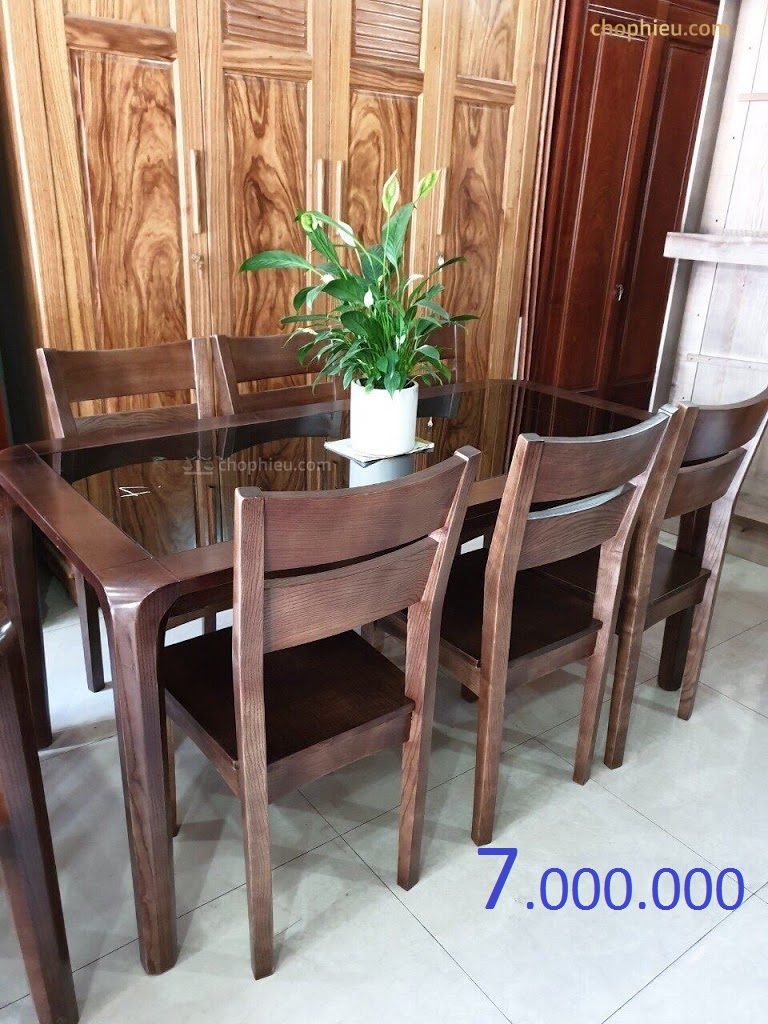 Bộ bàn ăn ghế 1 lá ngang bàn chân hươi mặt kính - Image 5